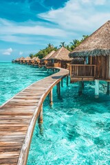 A luxury overwater vacation resort with a wooden walkway leading to thatched-roof huts on the turquoise ocean water, with a Maldives island background.