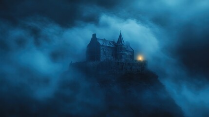 Mysterious Castle on a Foggy Mountain