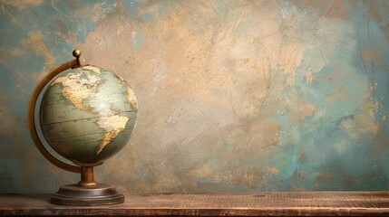 Vintage Globe on Wooden Shelf with Textured Background