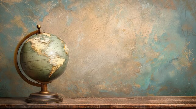Vintage Globe on Wooden Shelf with Textured Background