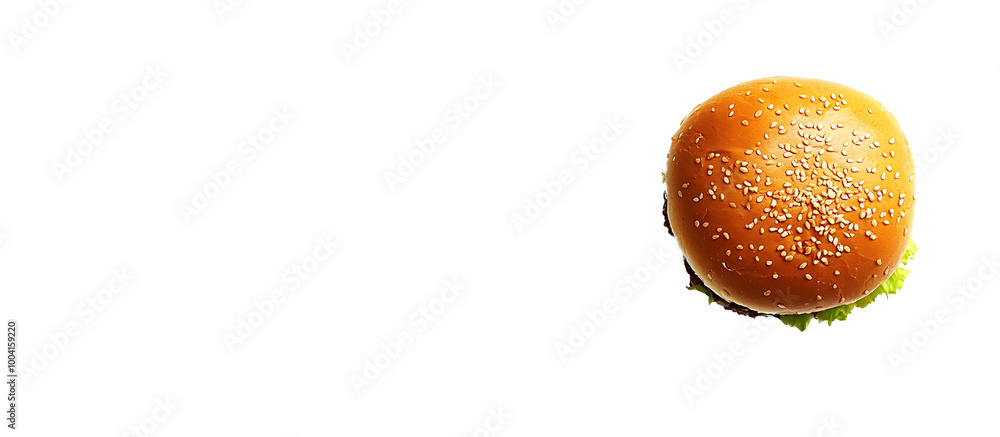 Poster top down perspective photograph of a hamburger bun on a white backdrop with available space for addi