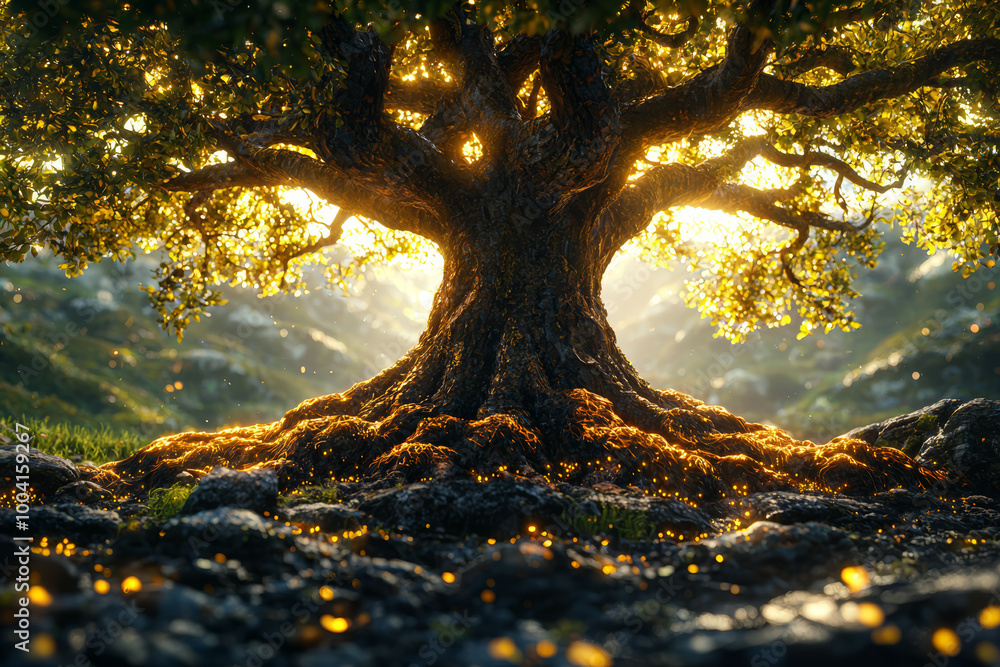 Wall mural An old tree with deep roots and gnarled branches, representing resilience through time. Concept of endurance.