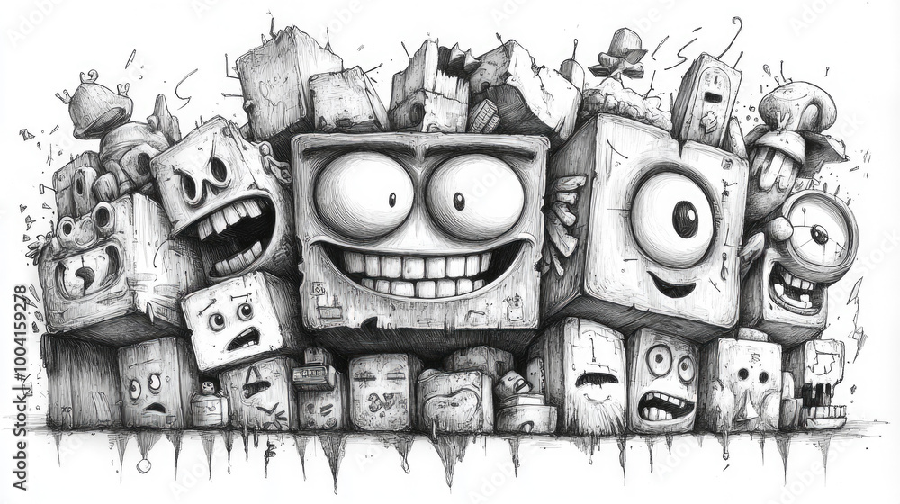 Poster colorful animated faces express various emotions on abstract shapes, creating a whimsical and engagi