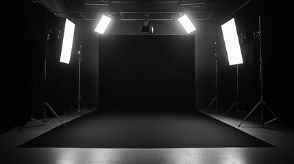 Professional photography studio with softbox lighting equipment and black backdrop for photo shoot setup