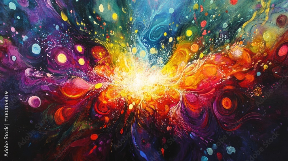 Poster a central burst of vibrant colors with swirling patterns and fluffy light trails creates a mesmerizi