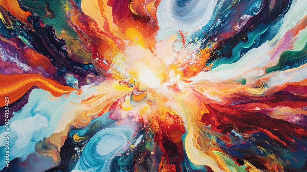 Poster a central burst of vibrant colors with swirling patterns and fluffy light trails creates a mesmerizi