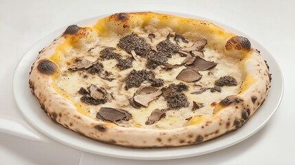 A gourmet pizza topped with truffle and cheese.