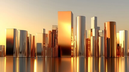 Golden Sunset Cityscape Modern Architecture Skyscrapers Reflections