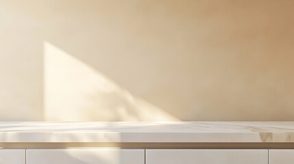  White kitchen tabletop for product presentation. Empty marble countertop. Minimalistic mockup for restaurant or beauty ad design. 