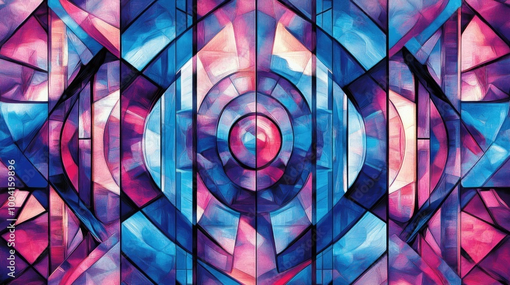 Poster bold and dynamic geometric pattern in vibrant blue, purple, and pink hues, creating an abstract desi
