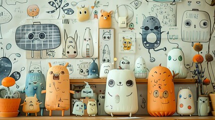 A hand-drawn illustration set featuring whimsical characters, each with a unique and playful expression. The illustrations are displayed on a sketchbook-like background, highlighting their hand-crafte