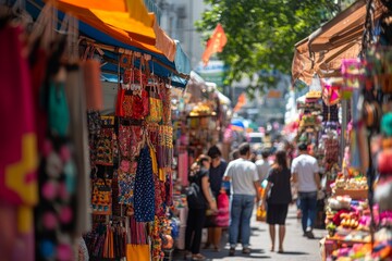 Obraz premium Vibrant market scene with colorful stalls and lively crowds. The atmosphere is energetic and inviting. Perfect for travel and culture themes. Generative AI