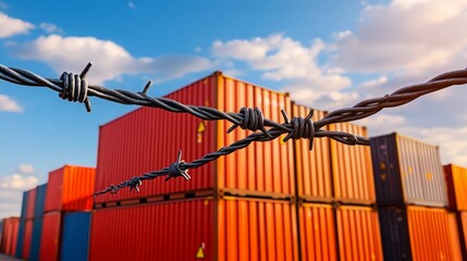 Fototapeta premium Barbed Wire Fence with Blurred Shipping Containers
