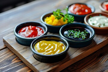 Colorful assorted sauces on wooden board
