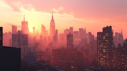 Fototapeta premium A sunset view over a city skyline, highlighting skyscrapers and urban atmosphere.