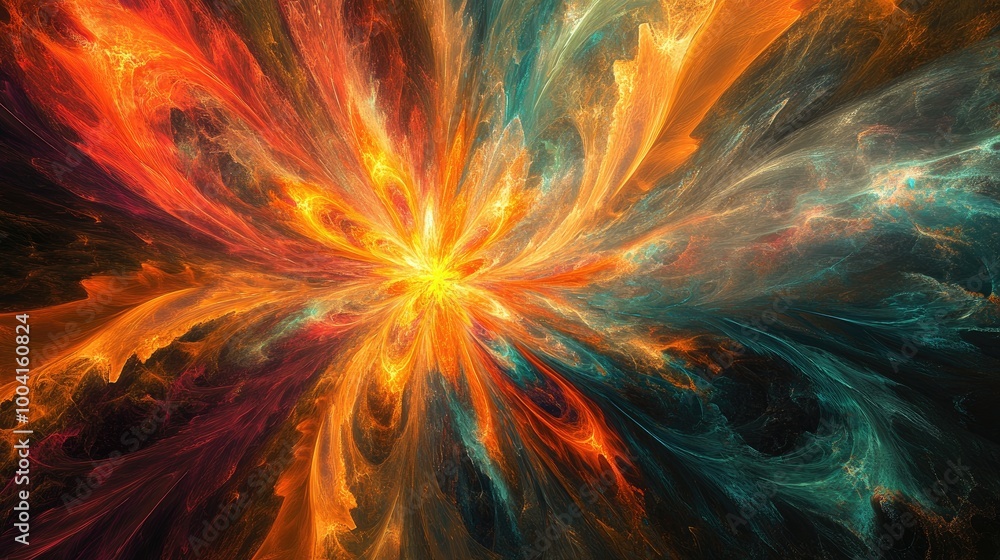 Poster stunning abstract starburst with radiant colors swirling from the center, accented by soft light tra