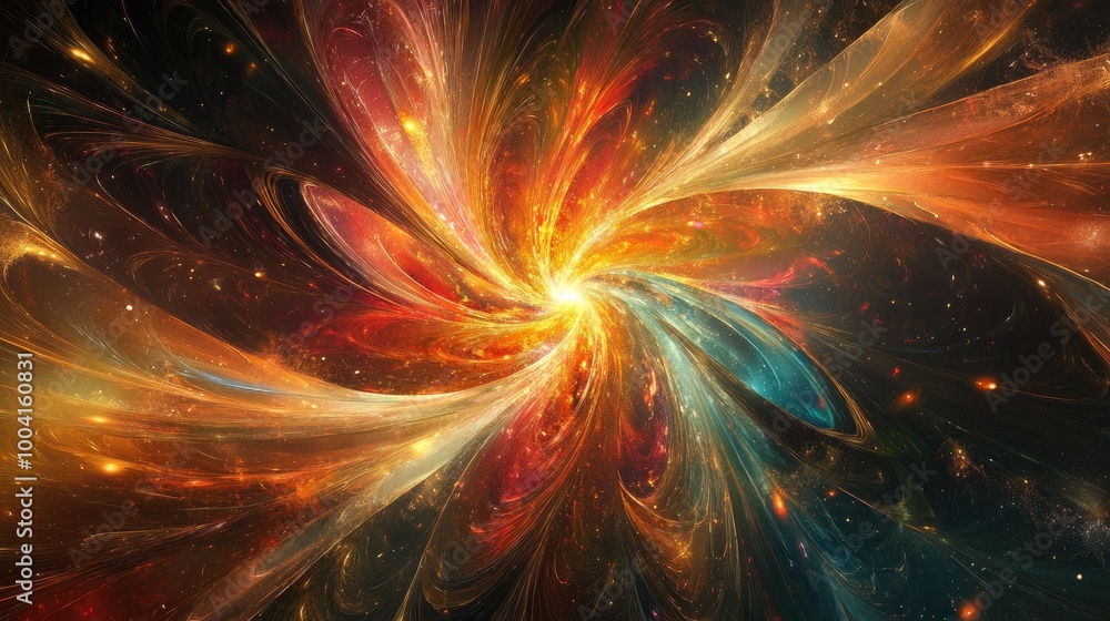 Poster stunning abstract starburst with radiant colors swirling from the center, accented by soft light tra