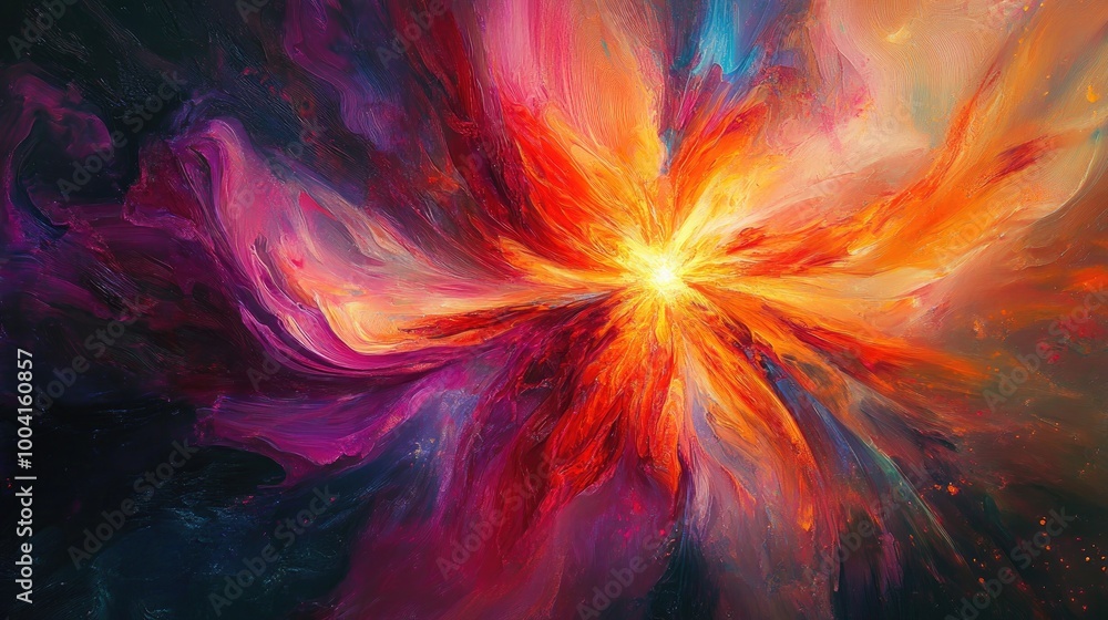 Poster stunning abstract starburst with radiant colors swirling from the center, accented by soft light tra