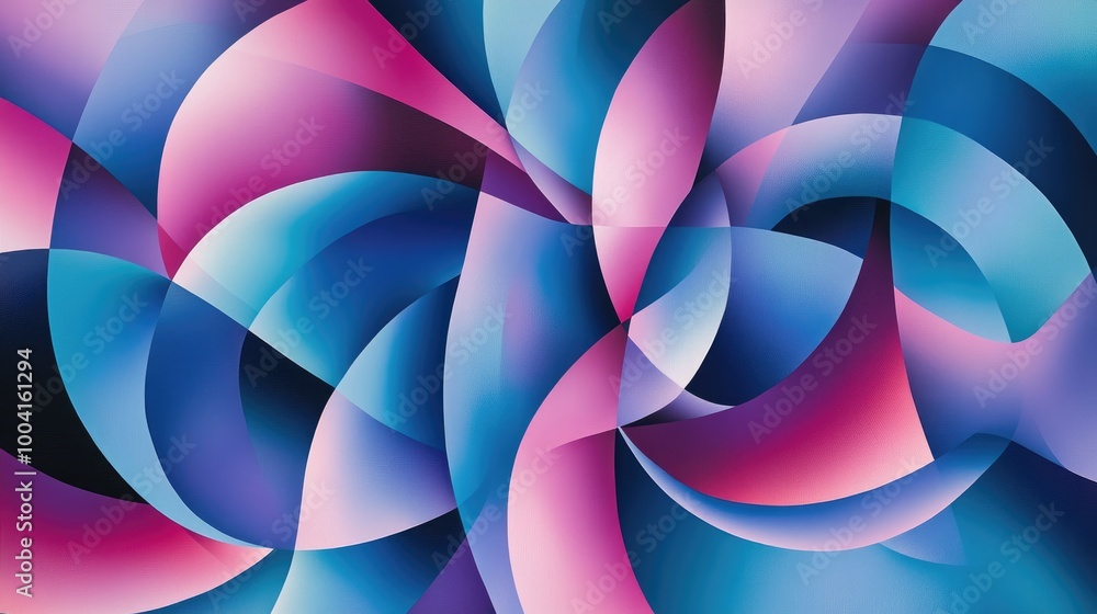 Poster vibrant geometric pattern with dynamic shapes and shades of blue, purple, and pink, creating an abst