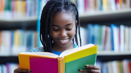 A young girl with braids smiles as she reads a book in a library.