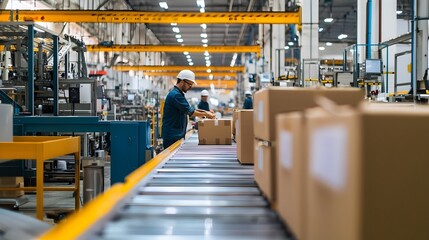 Naklejka premium Automated factory warehouse with workers,machinery,and shipment of goods