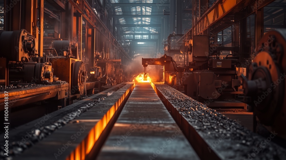 Poster Intense workflow in a steel mill during the evening, showcasing molten metal and industrial machinery in action