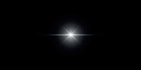 Bright flash of light with rays and glare. Effect of white light on a black background. Vector.