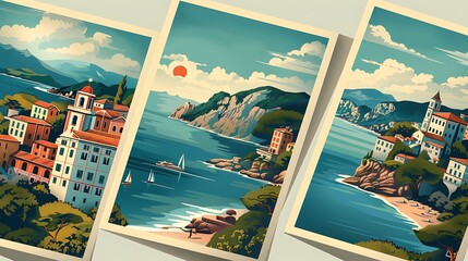 Vintage travel poster templates that are fully customizable, featuring classic design elements and bold typography. The posters are displayed in a gallery format, evoking a sense of nostalgia 