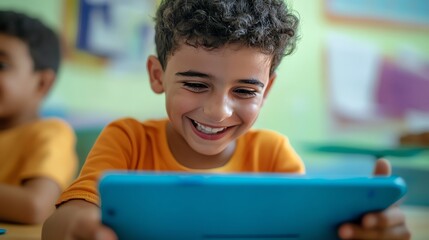 A young boy with curly hair laughs as he looks at a tablet computer.