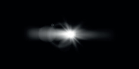 Bright flash of light with rays and glare. Effect of white light on a black background. Vector.