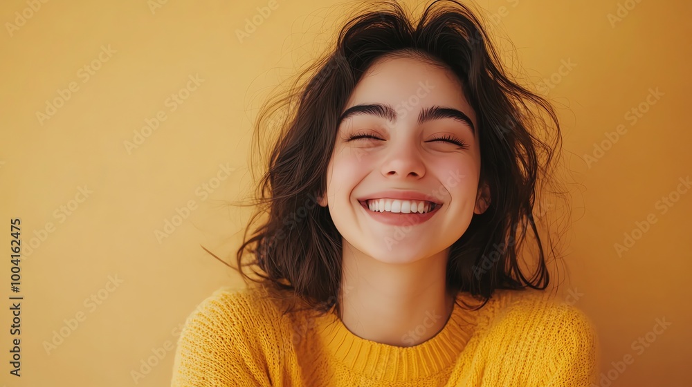 Wall mural A young woman with brown hair and a yellow sweater smiles at the camera.