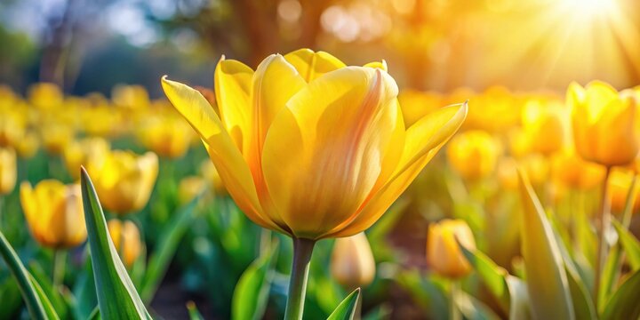 Vibrant yellow tulips blooming beautifully symbolizing the arrival of spring floral garden nature colorful blossoms petal vibrant botanical season fresh bright sunny day sunlight b