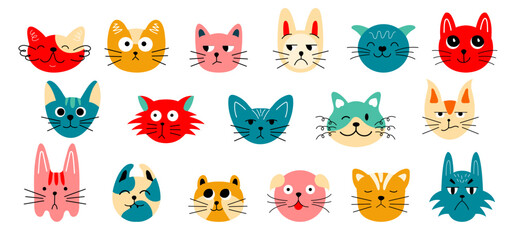 Obraz premium Big set of cute cats. Different emotions. Vector illustration collection in doodle groovy style
