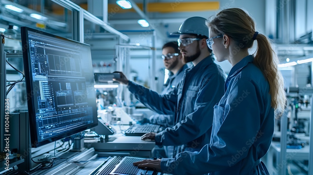 Poster team of engineers monitoring electronics production in factory