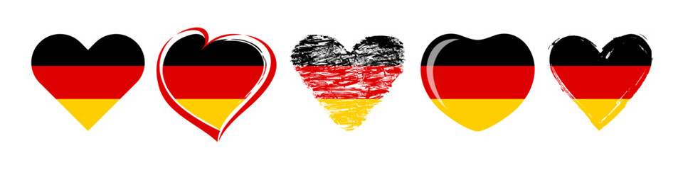 Set of creative heart shapes with flag of Germany. Classic and hand drawn art style. Tourism symbol. Welcome to Germany travel agency branding concept. Hearts with flags. Sport or business icons.