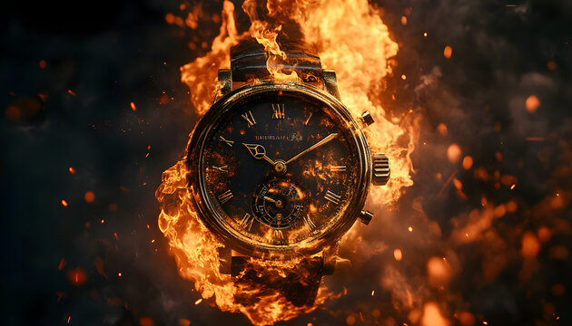 A antique watch engulfed in flames against a dark background. Generative AI