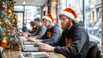 A group of young adults engaged in computer work at a cozy café, all wearing Santa hats while celebrating the holiday season