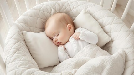 Baby peacefully napping in a cozy bassinet with soft pillows and blankets, Infant sleep, warmth, comfort