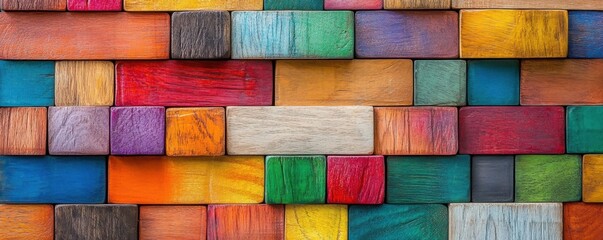 Colorful wooden bricks arranged in an intricate and vibrant pattern showcasing playful creativity and abstract design