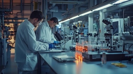 Engineers Calibrating and Testing Equipment in High-Tech Production Facility