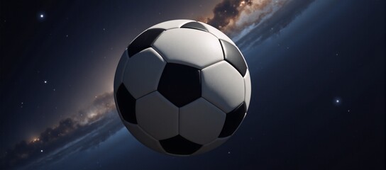 Fototapeta premium Floating soccer ball against starry backdrop Space