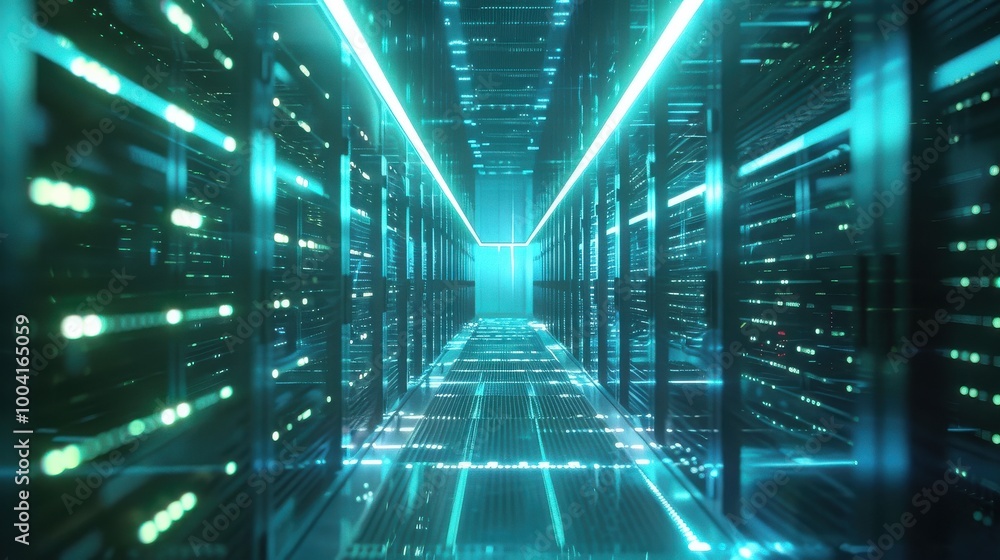 Poster 3d rendering of a futuristic corridor in a server room with green lights