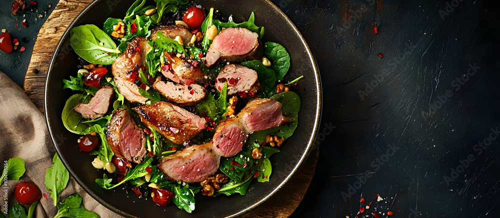 Poster smoked duck meat salad with natural fresh ingredients placed on a rustic table with a top view for a