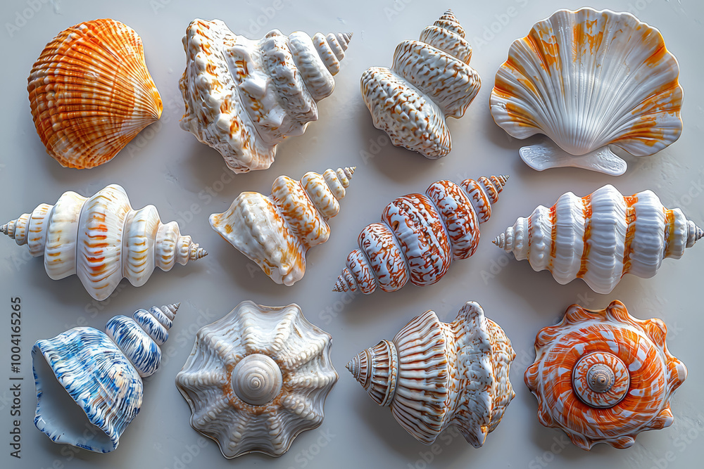 Poster a collection of seashells, each weathered differently by the ocean, showing the individual impact of