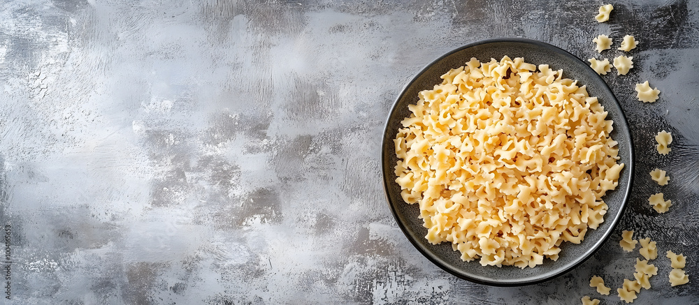 Aufkleber top down view of a uncooked spaetzle noodle on a grey backdrop with copy space image