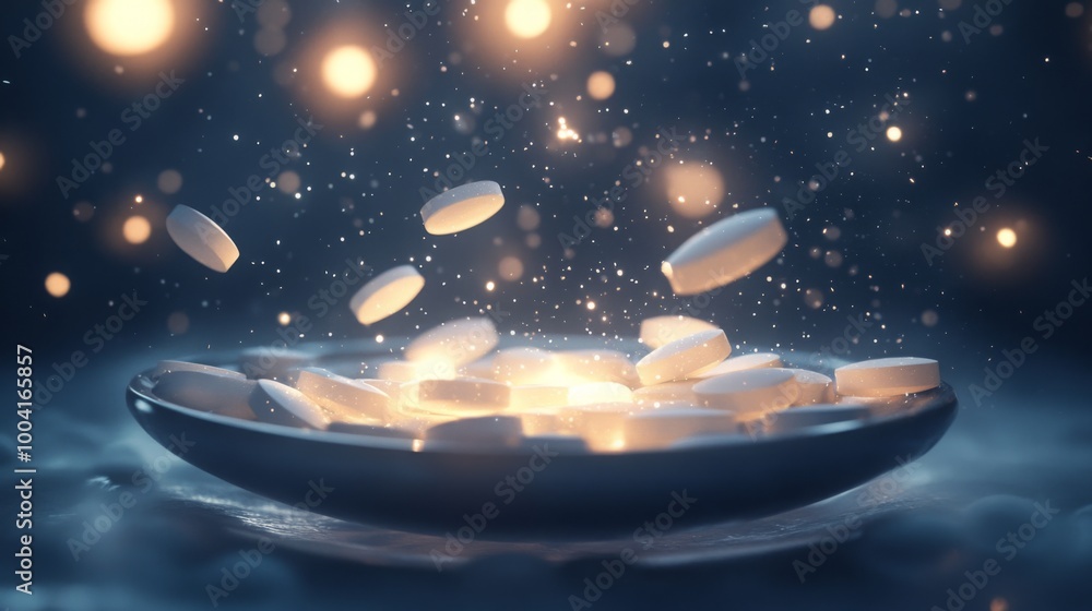 Poster a cluster of tablets hovers over a reflective surface, creating a mesmerizing display of light and s