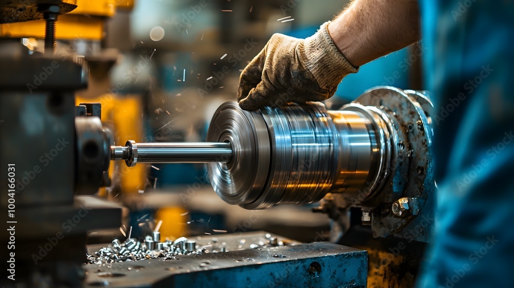 Aufkleber skilled worker precisely operating lathe machine to shape metal part in industrial workshop