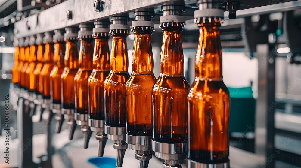 Poster automated brewery bottling process efficiently filling glass containers with beer