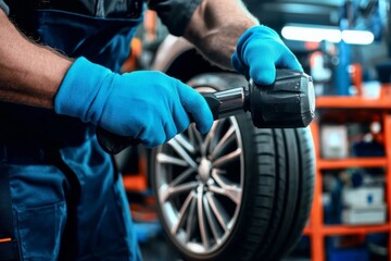 Mechanic changing car tires in a garage using a power tool with close-up on hands and wheel