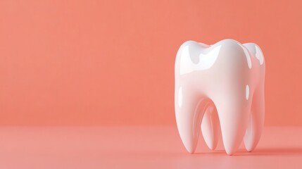 A single, white tooth isolated against a pink background.